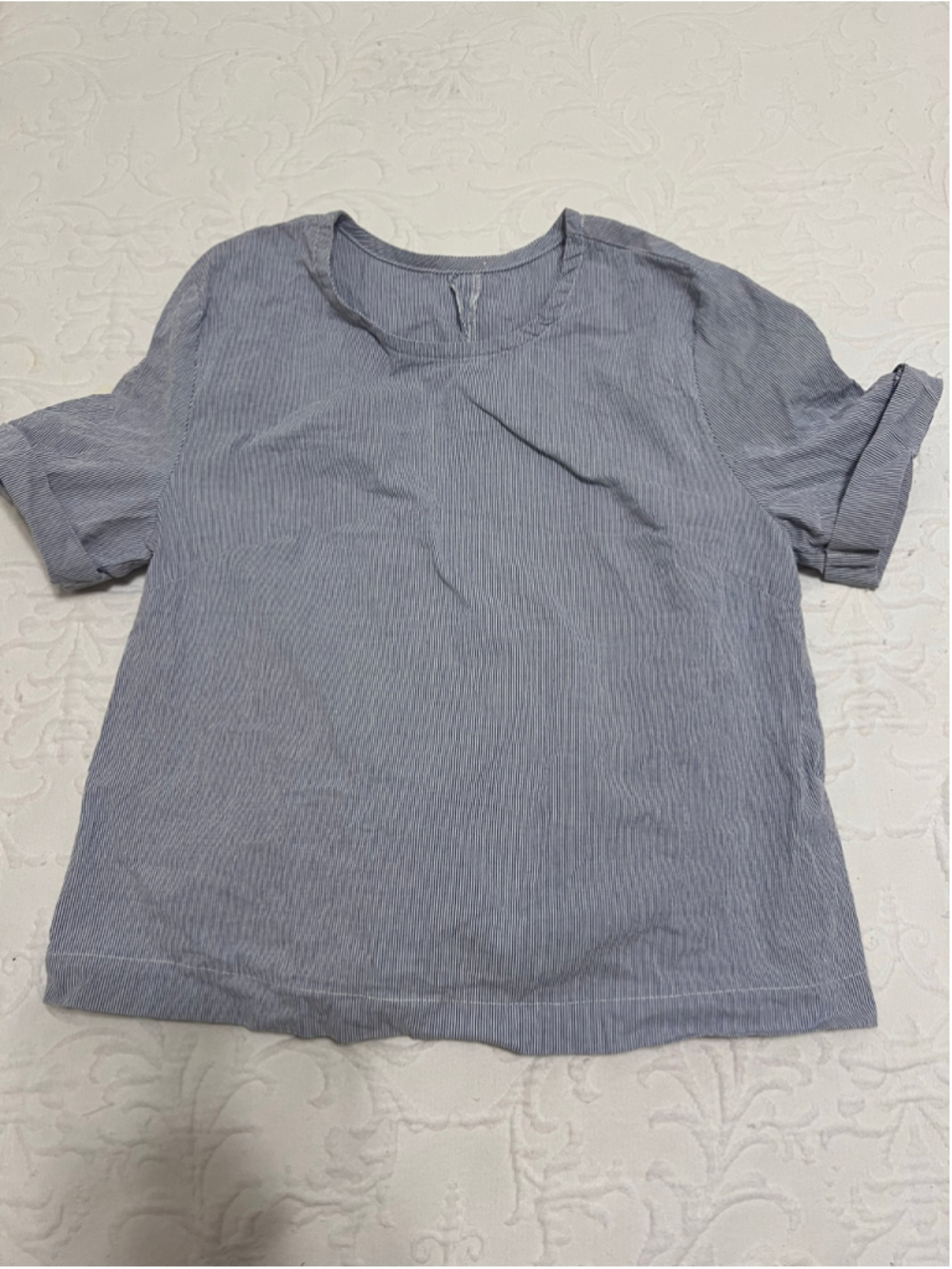 Women's Six Crisp Days Blue White Striped Blouse with Lace Up Back Detail Size M